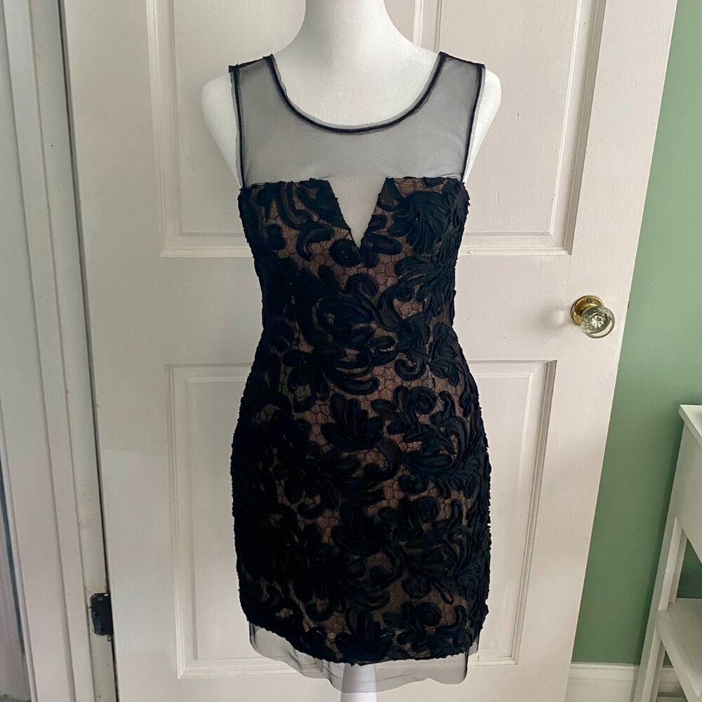 Stunning BCBG Abigail cocktail dress with sheer mesh and embroidered detailing